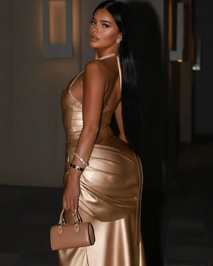 NEW Metallic Ruched High-Slit Maxi Dress