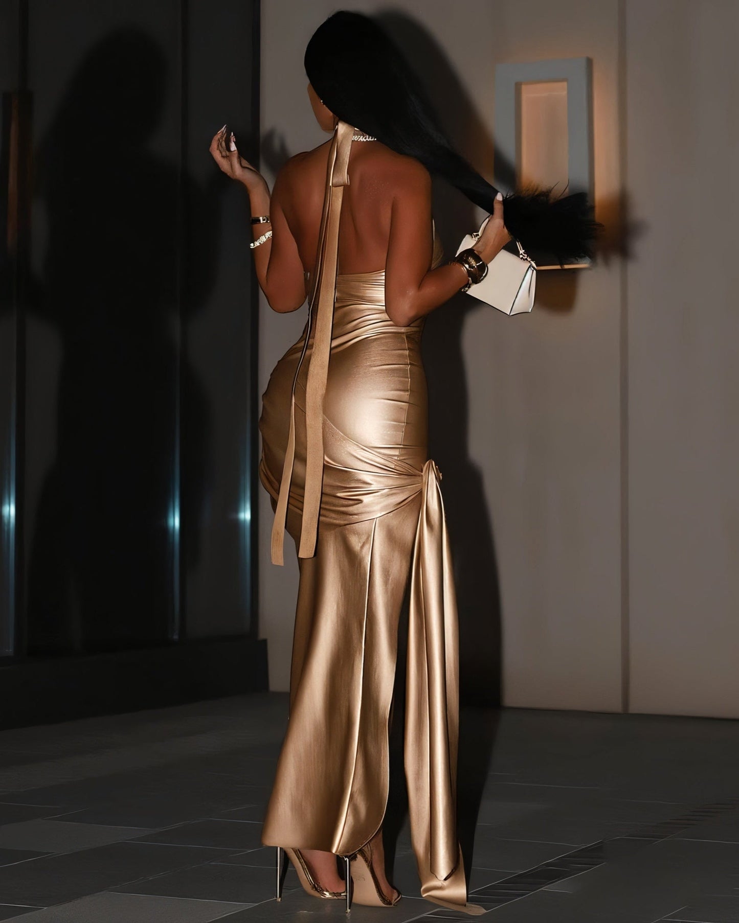 NEW Metallic Ruched High-Slit Maxi Dress